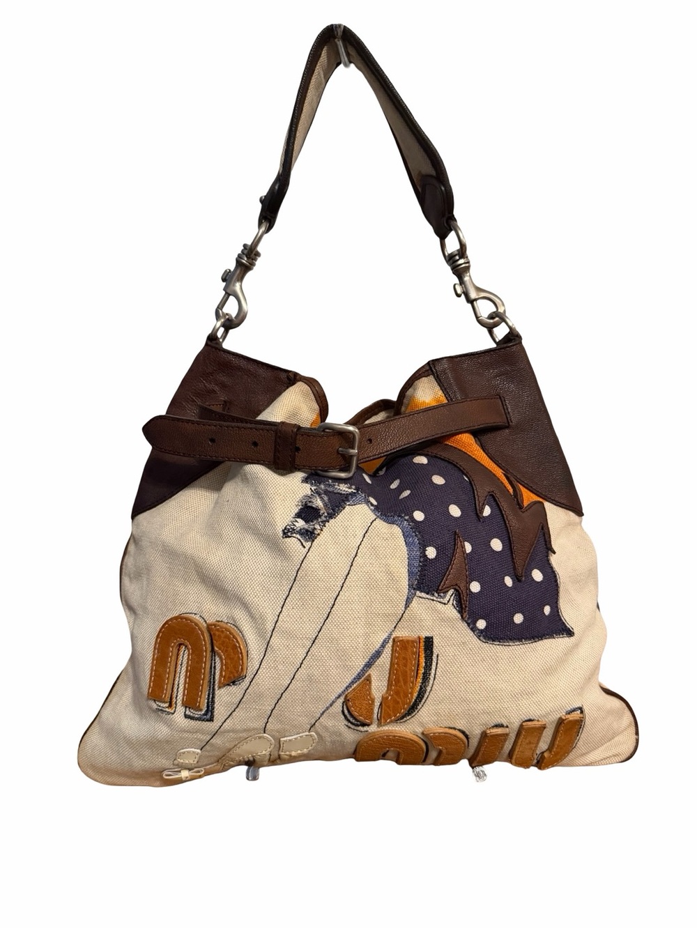 Vintage Miu Miu Beige Canvas Shoulder Bag with Navy Polka Dot and Brown Leather